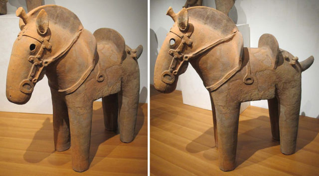 Clay horse statuette, complete with saddle and stirrups. Photo Credit1 Photo Credit2