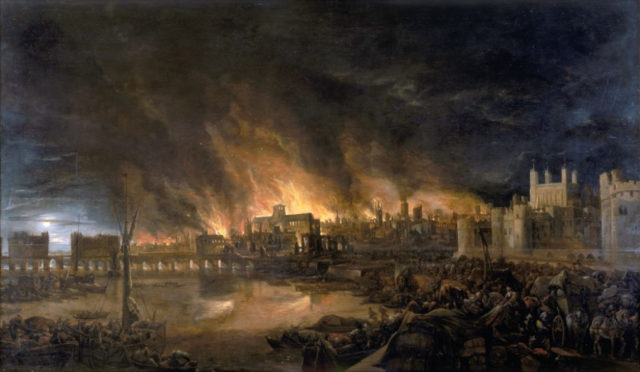 The Great Fire of London by an unknown painter, depicting the fire as it would have appeared on the evening of Tuesday, 4 September 1666 from a boat in the vicinity of Tower Wharf.