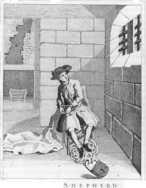 Jack Sheppard in Newgate Prison before his fourth escape, from the frontispiece of the "Narrative" of his life, published by John Applebee in 1724. The label "A" marks the hole he made in the chimney during his escape