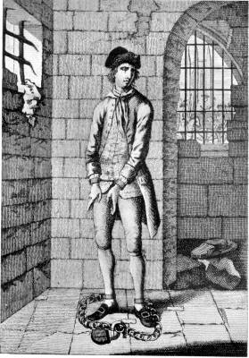 Jack Sheppard in The Stone Room cell at Newgate Prison. Illustration published in the Annals of Newgate