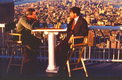 Kasparov and Viswanathan Anand in a publicity photo on top of the World Trade Center in New York. Photo Credit