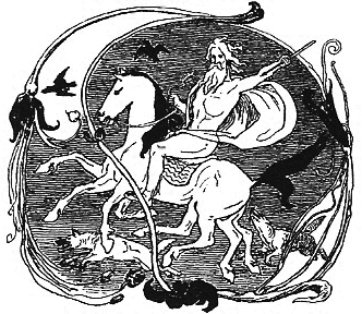 Odin sits atop his steed Sleipnir, his ravens Huginn and Muninn and wolves Geri and Freki nearby (1895) by Lorenz Frølich