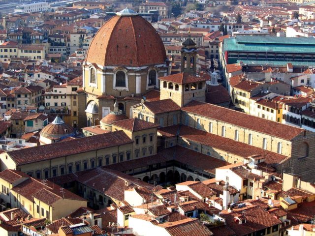 The Laurentian Library can be identified in the long row of windows above the cloister extending to the left of the picture