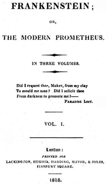 Title page of first edition of Shelley's Frankenstein, Volume I.