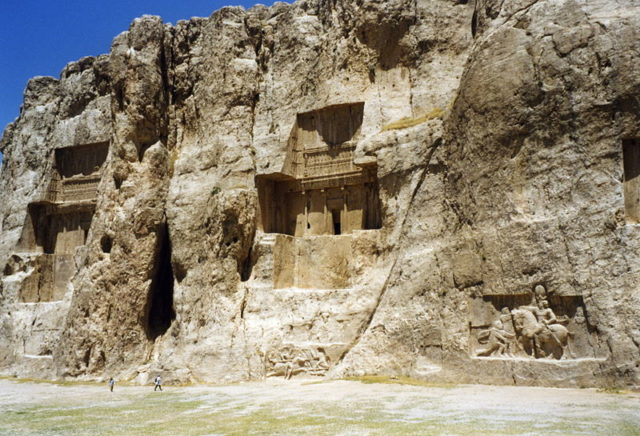 The tombs of Darius I (left) and Artaxerxes I (middle). Photo Credit