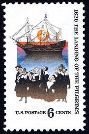 New England Landing of the Pilgrims in 1620 on a stamp marking its 350th anniversary in 1970