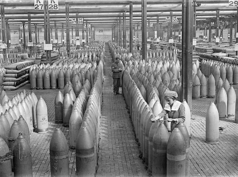 Photograph taken inside a warehouse containing 12-inch shells at the National Filling Factory, Chilwell, UK