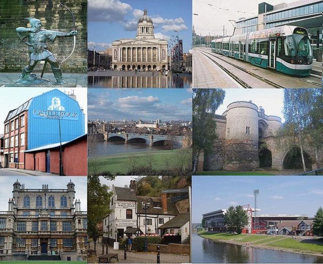 From top left: Robin Hood, Council House, NET Tram, Castle Rock Brewery, Trent Bridge, the Castle Gate House, Wollaton Hall, Ye Olde Trip to Jerusalem and Nottingham Forest’s City Ground Author: PawełMM   CC BY-SA 3.0