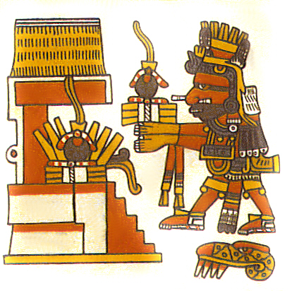 In this detail from the late 15th century Codex Borgia, the Aztec god Xiuhtecuhtli brings a rubber ball offering to a temple