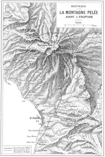 A map of the affected area around Mount Pelée printed in 1904.