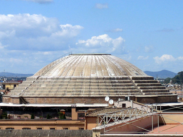 Exterior of the Roman Pantheon, finished 128 AD, still the largest un-reinforced solid concrete dome Photo Credit