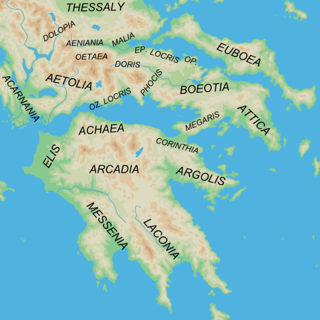 Map of ancient Greece showing the relative positions of the major regions of Boeotia (led by Thebes), Laconia (led by Sparta), and Attica (led by Athens) Photo Credit