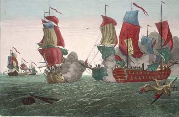 Engraving based on the painting ‘Action Between the Serapis and Bonhomme Richard’ by Richard Paton, published 1780.