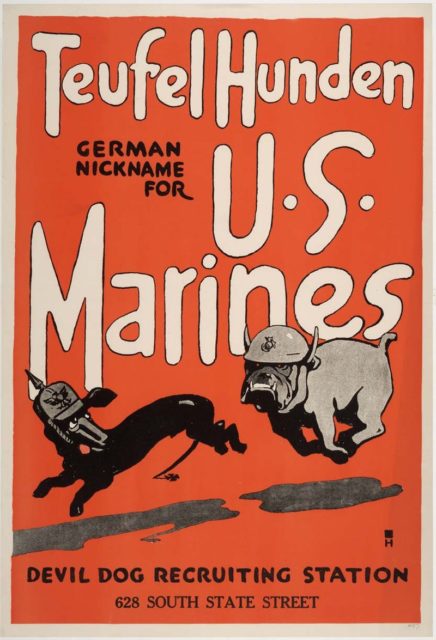 A recruiting poster by Charles B. Falls, created in 1918, was one of the first recorded references to the term Devil Dog