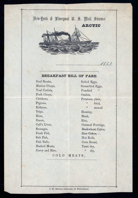 Breakfast Menu from the SS Arctic dated 1853.