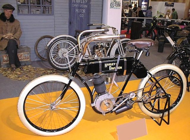 Harley-Davidson “The First” by William Harley, Arthur, and Walter Davidson; model “0”; monocylinder; 400 cc; 1-speed; the year 1903. Photo taken at the Mondial du deux roues in Paris, 2003. Photo Credit