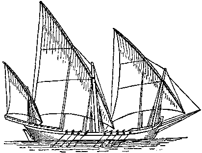 A xebec with three lateens and oars