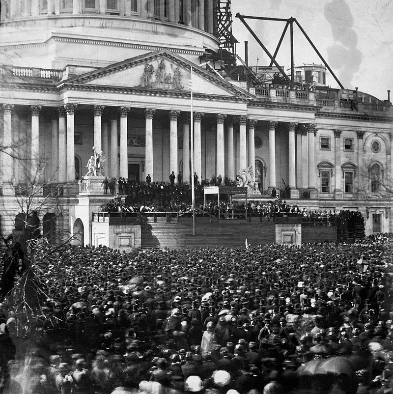 Lincoln swearing-in at the partially finished U.S. Capitol.