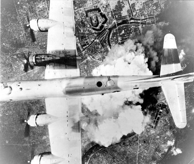 A B-29 dropping incendiary bombs on Osaka on June 1st, 1945