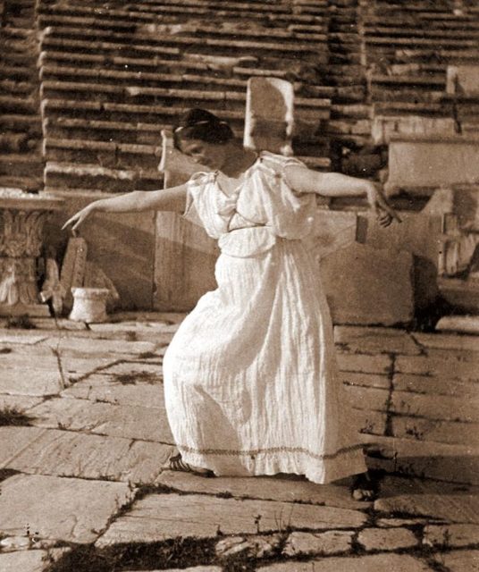Isadora Duncan dancing in the Dionysos theater of Athens. Photography by Raymond Duncan, 1903.