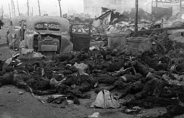 Charred remains of Japanese civilians after the firebombing of Tokyo on the night of 9–10th March 1945