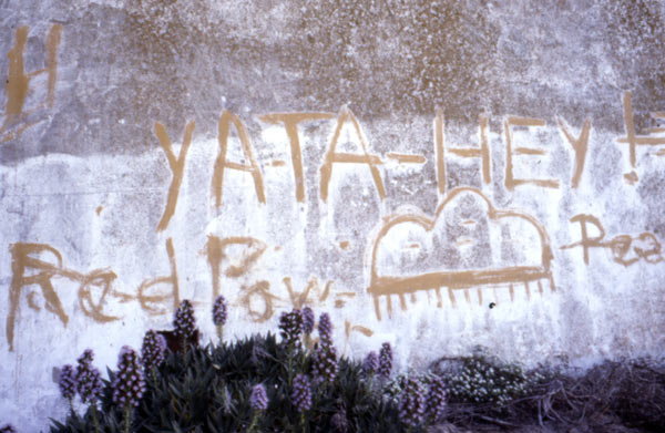 Graffiti from the occupation, featuring a Navajo greeting, “Yata Hey.”