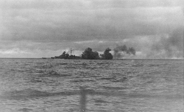 Bismarck firing her main battery during the battle  Photo Credit