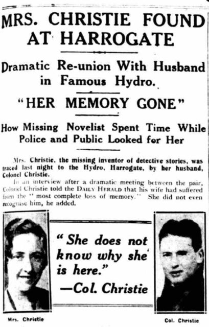 Newspaper articles worldwide reported that Agatha Christie suffered from memory loss when she was found.