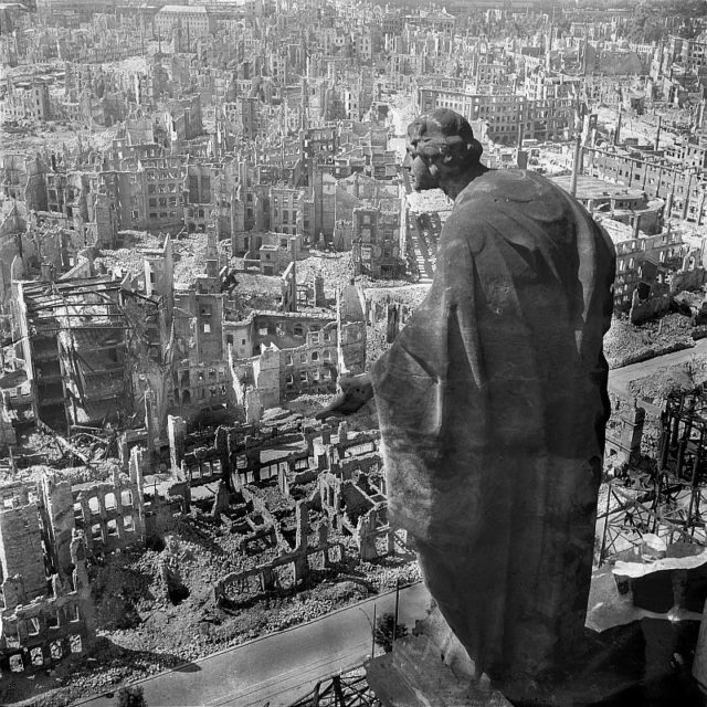 Dresden, 1945, view from the city hall (Rathaus) over the destroyed city. Photo Credit