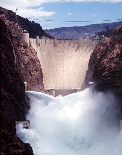Hoover Dam releasing water from the jet-flow gates in 1998.