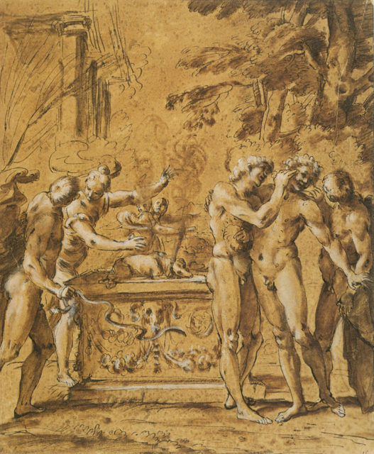 Illustration for Lupercalia depicting the Luperci by the altar.