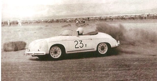 Dean and his Porsche Speedster 23F at Palm Springs Races, March 1955.