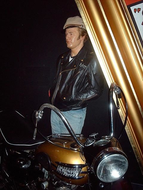 Madame Tussauds waxwork exhibit of Brando in The Wild One with a Triumph Thunderbird motorcycle. Photo Credit