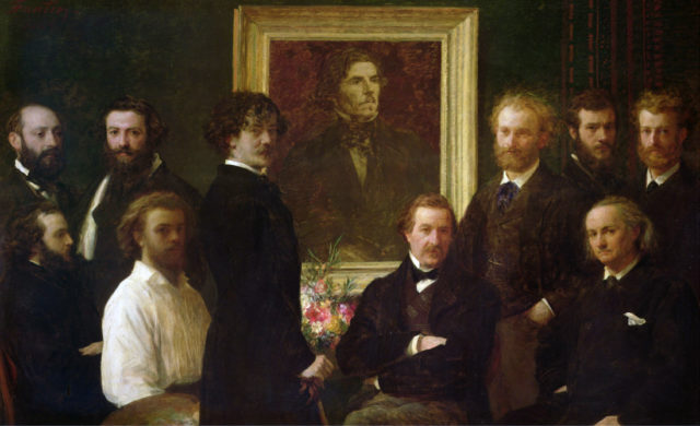 Painting by Delacroix depicting friends including Charles Baudelaire down on the right side and Manet at the end of the left side sitting on a chair in profile