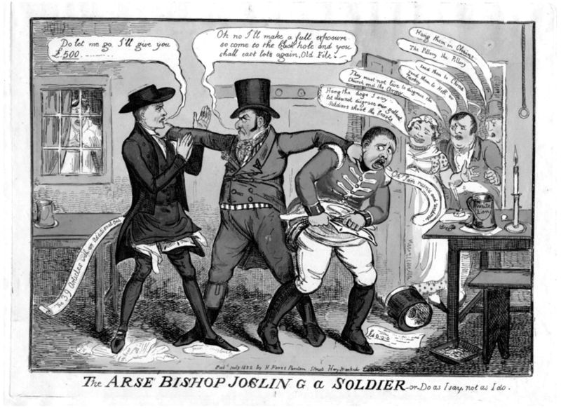 The Bishop of Clogher arrested in 1822 for homosexual act with a soldier; caricature by Cruikshank