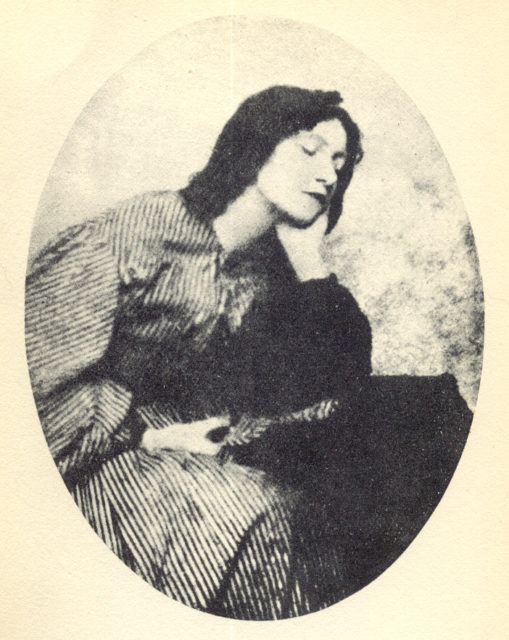 Elizabeth Siddal (25 July 1829 – 11 February 1862). She served as the “muse” of the brotherhood and was painted and drawn extensively by artists of the PRB, including Walter Deverell, William Holman Hunt, John Everett Millais, and her husband, Dante Gabriel Rossetti.