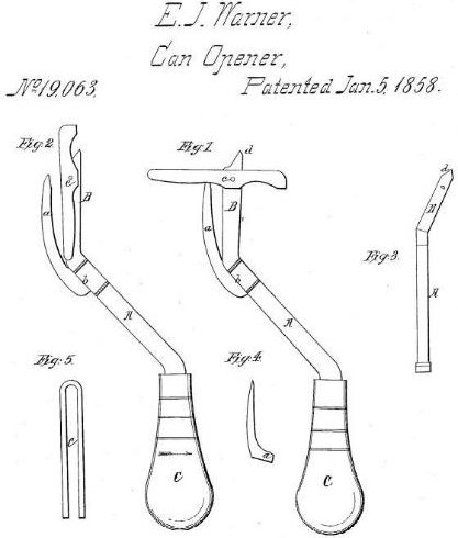 A sketch from the can opener patent Number 19063 by Ezra Warner. It was the first practical can opener known as the “bayonet and sickle” type in 1858