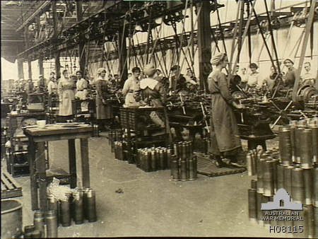 Munitionettes machining shell cases in the New Gun Factory, Woolwich Arsenal, London