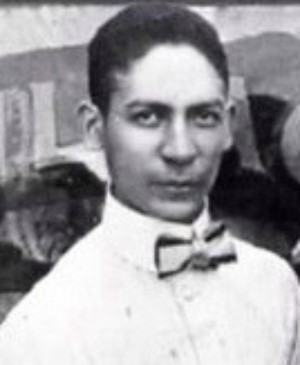 Photograph of Jelly Roll Morton, cropped from group photo of musicians and entertainers in Los Angeles, California, at the Cadillac Club, c. 1917 or 1918