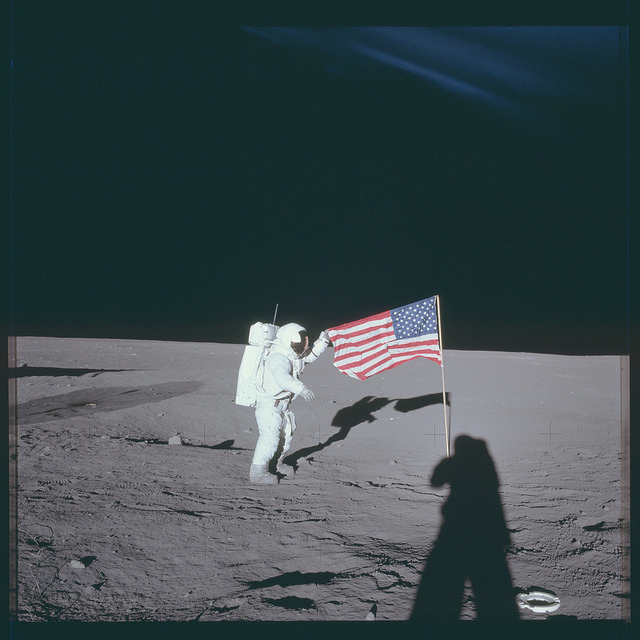 Buzz Aldrin salutes the first American flag erected on the Moon, July 21st, 1969 Author: Project Apollo Archive   CC BY 2.0