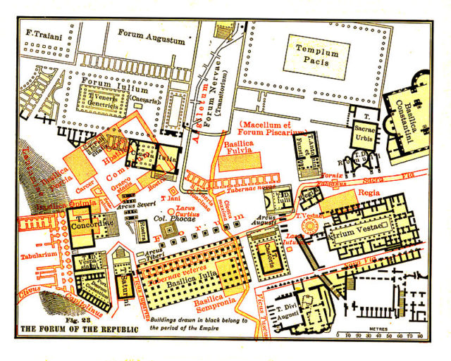 Map of the Roman Forum. Structures of Republican Rome are shown in red, those of Imperial Rome in black. From Platner’s Topography and Monuments of Ancient Rome, 1904.
