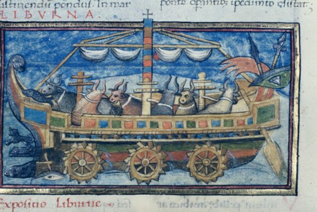 Ox-powered Roman paddle wheel boat from a 15th-century copy of De Rebus Bellicis