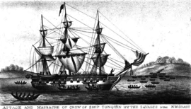 The Tonquin being attacked off the shore of Vancouver Island in 1811.