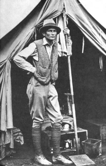 Hiram Bingham III at his tent door near Machu Picchu in 1912.