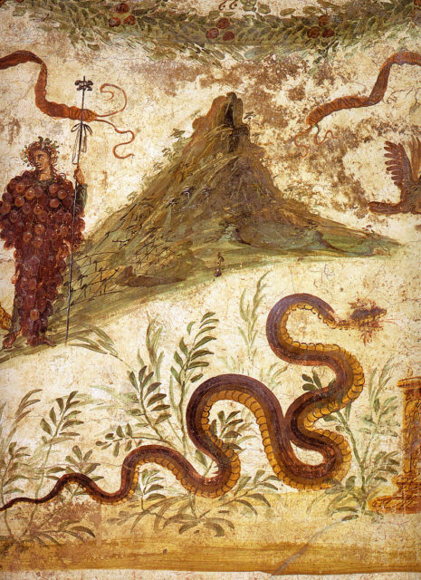 Fresco of Bacchus and Agathodaemon with Mount Vesuvius, as seen in Pompeii’s House of the Centenary.