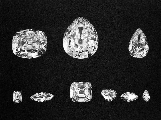 The nine major stones cut from the rough diamond. Top: Cullinans II, I, and III. Bottom: Cullinans VIII, VI, IV, V, VII and IX