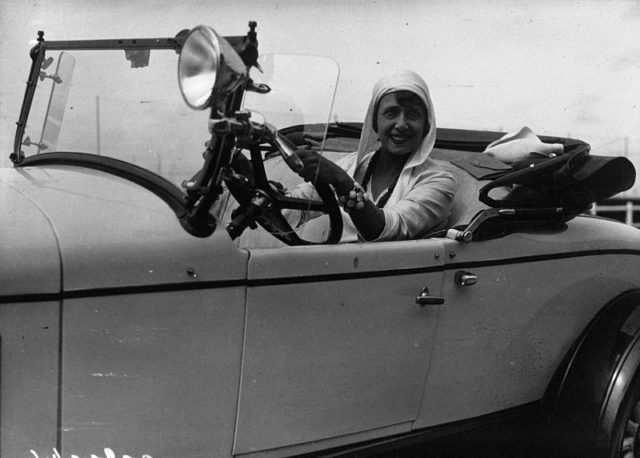 Mistinguett in her Chrysler, Deauville, France, 1929