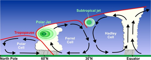 Cross section of the subtropical and polar jet streams by latitude