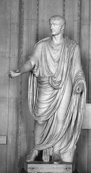 Statue of Emperor Tiberius showing the draped toga of the 1st century AD.