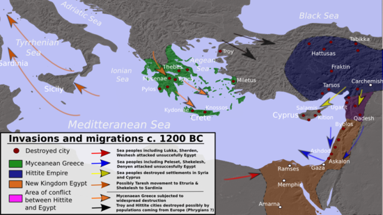 Invasions, population movements, and destruction during the collapse of the Bronze Age, c. 1200 BCE – By Alexikoua – CC BY-SA 3.0